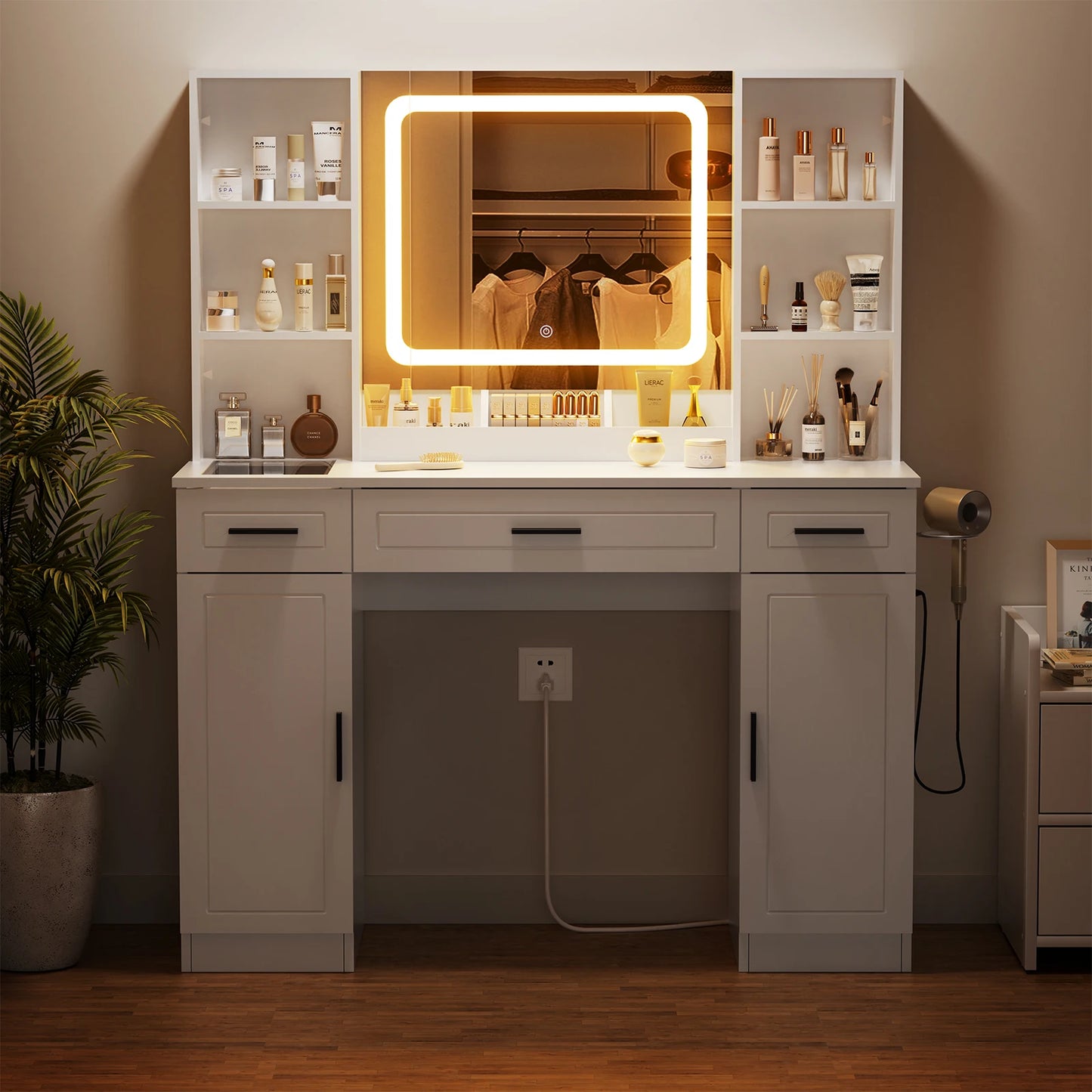 Makeup Vanity Desk with Lights Multiple Lighting Colors White Vanity Set Makeup Table with 5 Drawers Large Vanity My Store  