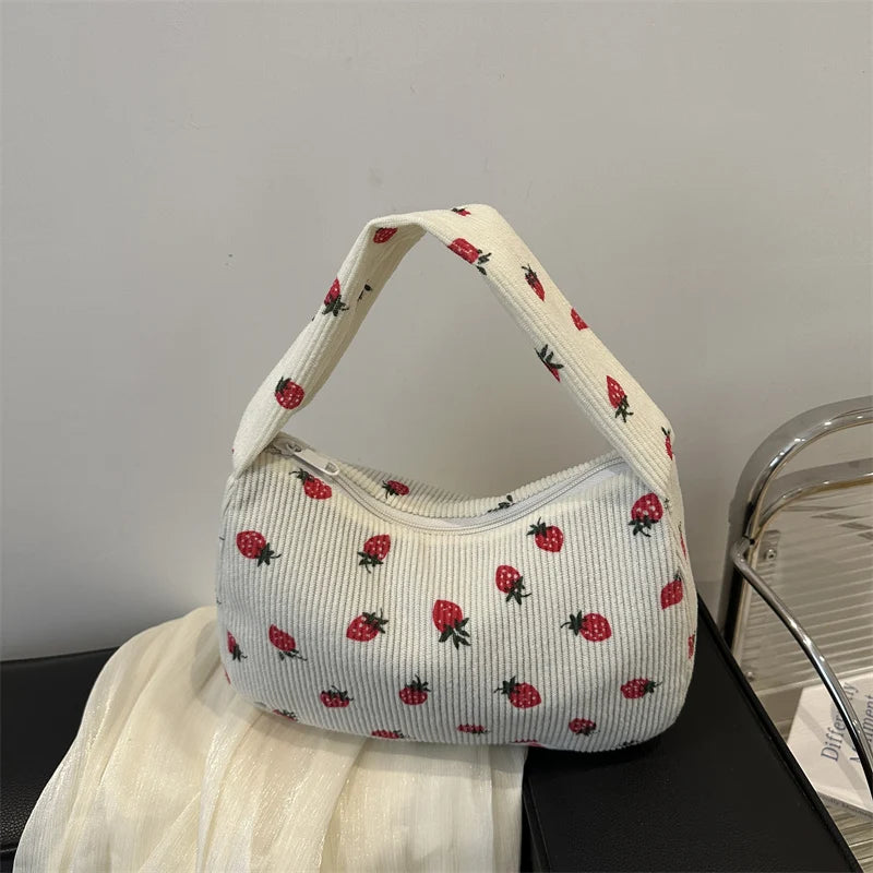 for Women Strawberry Tote Bag Cute Corduroy Handbag with Zipper Underarm Bag Hobo Bag for School Holiday Beach Travel My Store  