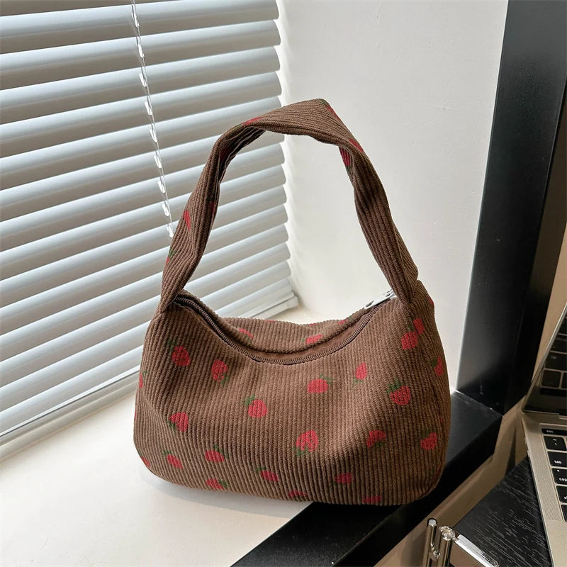 for Women Strawberry Tote Bag Cute Corduroy Handbag with Zipper Underarm Bag Hobo Bag for School Holiday Beach Travel My Store  