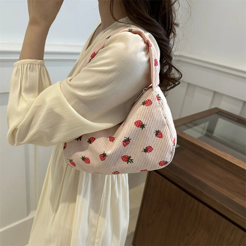 for Women Strawberry Tote Bag Cute Corduroy Handbag with Zipper Underarm Bag Hobo Bag for School Holiday Beach Travel My Store  